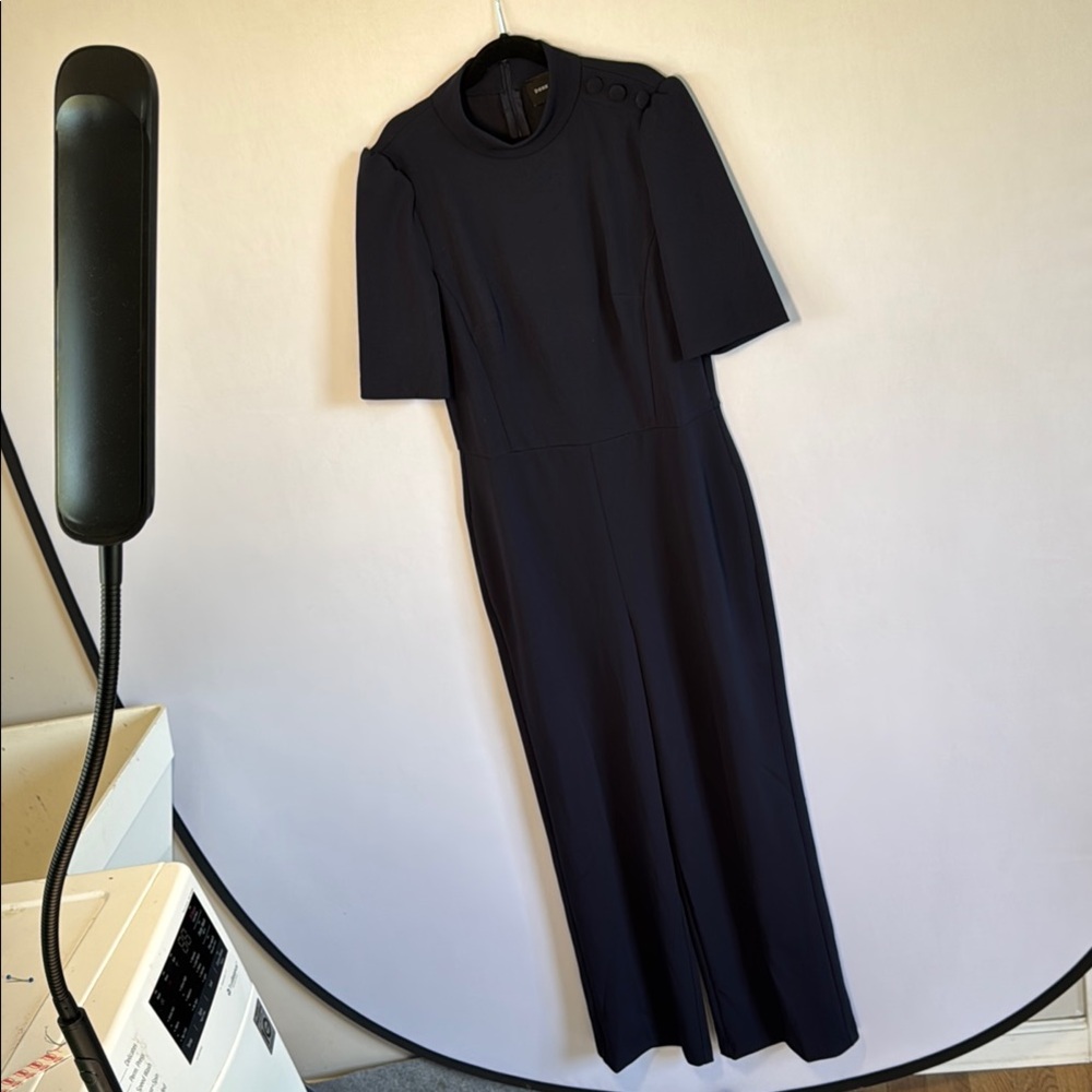 Donna Morgan Navy Wide Leg Jumpsuit Mock Neck Button‎ Detail 6 Petite Scuba Like